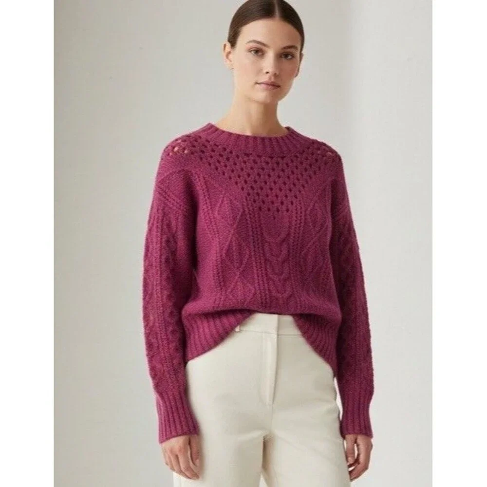 &Merci Women M Berry Pink Open Cable Knit Chunky Wool Mohair Blend Sweater